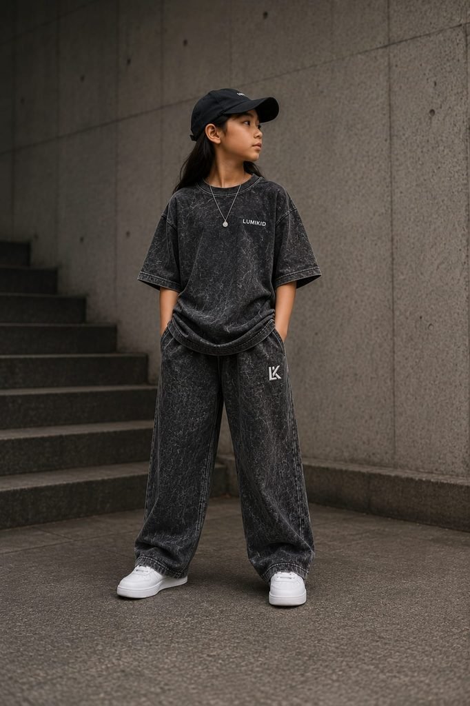 Kids wearing a washed black streetwear co-ord set