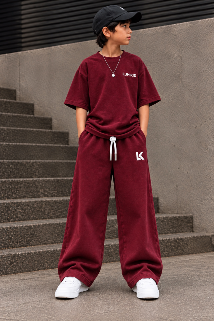 Kid wearing a wine oversized streetwear tank top