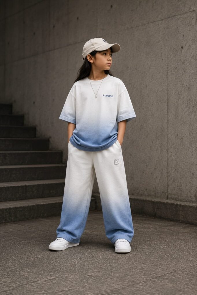 Kids wearing an ombre effect oversized co-ord set